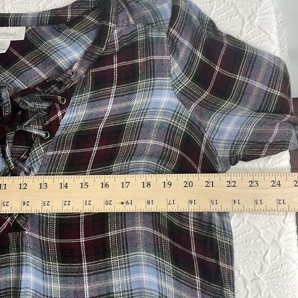 Motherhood Maternity Plaid Tunic Roll Tap Sleeves V cross string tie Size Large - Picture 9 of 10